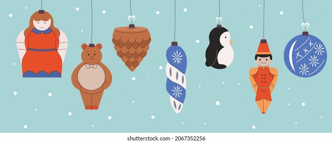 Set of Christmas tree decorations. Animal figurines, clicker, angel. Color vector illustration in flat style. New Year icons, isolated on light background.