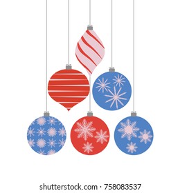 Set of Christmas tree decorations, balls with snowflakes and patterns. Design for a holiday greeting card, banner, invitation. Vector illustration.
