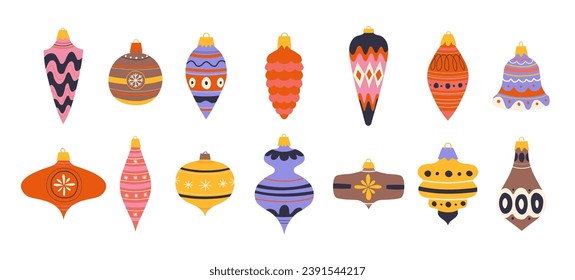 Set Christmas tree decorations in cartoon retro style of the 90s. New Year's balls for the tree, garlands. Holiday stickers