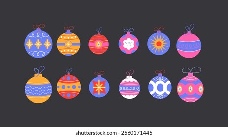 Set Christmas tree decorations in cartoon retro style of the 90s. New Year's balls for the tree, garlands. Holiday stickers
