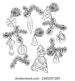 Set of Christmas tree decorations for coloring