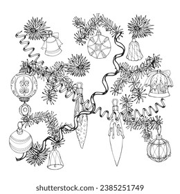 Set of Christmas tree decorations for coloring