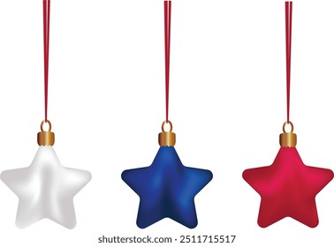 Conjunto de decoraciones de árboles de Navidad en colores banderas de EE. UU. Ilustración vectorial roja azul blanco Navidad estrellas coloridas realistas que cuelgan en la cinta de satén Adornos del año Nuevo Fondo patriótico