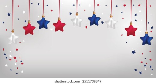 Set Christmas tree decorations in colors flag USA White blue red Xmas realistic colorful stars hanging satin ribbon like border Frame New year ornaments Patriotic background Сonfetti Silver background