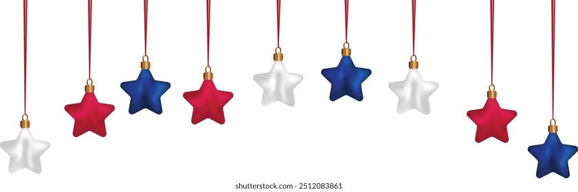 Set of Christmas tree decorations in colors flags USA White blue red Vector illustration Xmas realistic colorful stars hanging on satin ribbon like border Frame New year ornaments Patriotic background