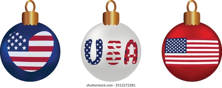 Set of Christmas tree decorations in colors flags of USA White blue red Vector illustration Xmas realistic colorful balls New year ornaments Patriotic elements