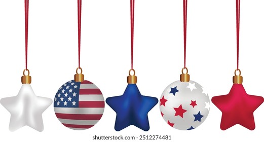 Set of Christmas tree decorations in colors flags of USA White blue red Vector illustration Xmas realistic colorful balls stars hanging on satin ribbon New year ornaments Patriotic elements