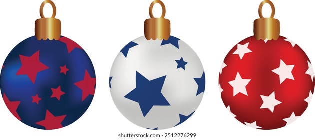 Conjunto de decoraciones de árboles de Navidad en colores banderas de EE.UU. Blanco azul rojo Ilustración vectorial de Navidad bolas de colores realistas decoradas por estrellas Adornos de año Nuevo Fondo patriótico