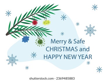 A set of Christmas tree decorations decorated on a medical theme. Christmas tree decorations in the shape of viruses and bacteria. Holiday card. Inscription. Merry Christmas and Happy New Year. vector