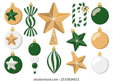 Set of Christmas tree decorations of different shapes. Gold, green and white Christmas tree decorations. Balls, stars, candies, icicles. Isolated on white background vector illustration.