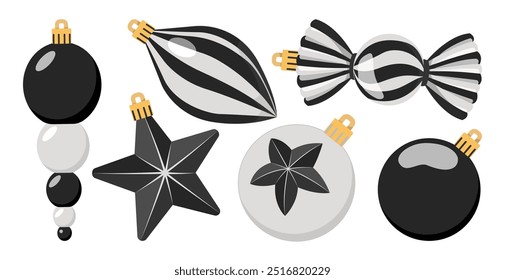 Set of Christmas tree decorations of different shapes. Black and white Christmas tree decorations. Balls, stars, candies, icicles. Striped design. Isolated on white background vector illustration.