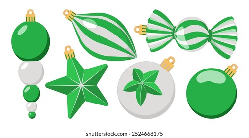 Set of Christmas tree decorations of different shapes. Green and white Christmas tree decorations. Balls, stars, candies, icicles. Striped design. Isolated on white background vector illustration.