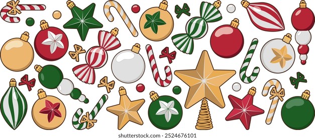 Set of Christmas tree decorations of different shapes. Gold, green, red and white Christmas tree decorations. Balls, stars, candies, icicles. Isolated on white background vector illustration.