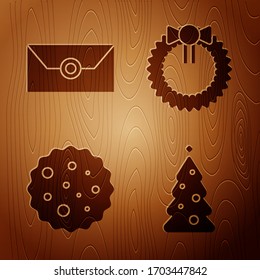 Set Christmas tree with decorations, Envelope with christmas party invitation card, Cookie or biscuit with chocolate and Christmas wreath on wooden background. Vector
