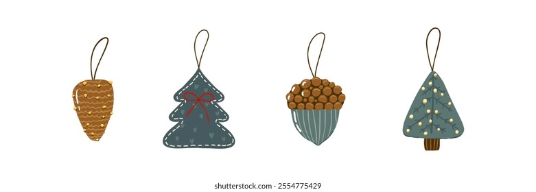 A set of Christmas tree decorations in a flat style. Hand drawn vector illustration.