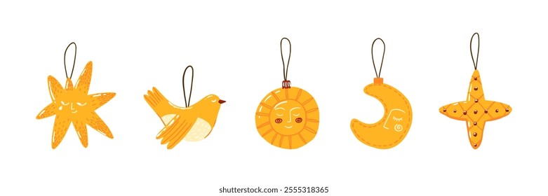 A set of Christmas tree decorations in a flat style. Hand drawn vector illustration.