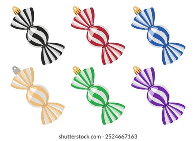 Set of Christmas tree decorations. Christmas tree decorations in the form of candies. Isolated on white background vector illustration. Black, red, blue, gold, green and purple Christmas decorations.