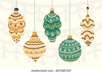 Conjunto de decoraciones de árboles de Navidad. Días festivos navideños de piel juguetes, bolas y conos. Ilustración vectorial.
