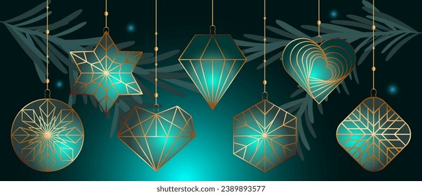 Set of christmas tree decorations Holiday golden diamond, star, ball, heart, snowflake, shapes on blue background and glowing lights. Vector illustration for template, greeting card, wallpaper. EPS 10