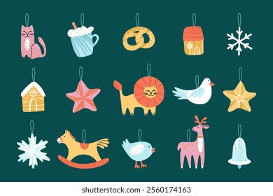 Set of Christmas tree decorations. Christmas tree decorations houses, birds, animals, star, cup of cocoa, snowflakes. Flat vector illustration
