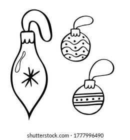 Set of Christmas tree decorations, isolated simple hand drawn vector illustration in black and white doodle style 