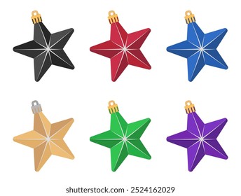 Set of Christmas tree decorations. Multicolored stars. Isolated on white background vector illustration. Black, red, blue, gold, green and purple Christmas decorations.