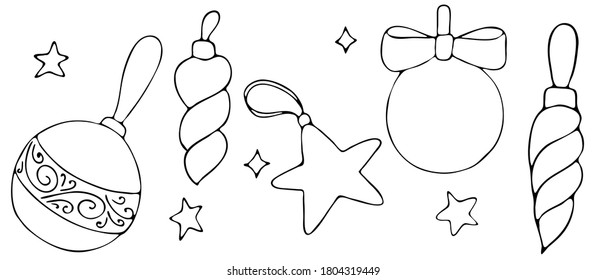 Weihnachtsbaumdekoration für das neue Jahr und Weihnachten - Bälle, Zickeln, Stern, süße Winterdoodles, Farbbuch, Vektorgrafik von Elementen im Doodle-Stil