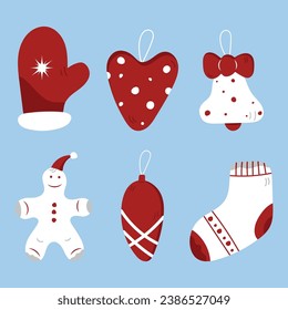 Un conjunto de decoraciones de árboles navideños, una media de Año Nuevo y una migaja en colores rojo y blanco. Ilustración del vector EPS10