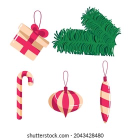 Set of Christmas tree decorations in pastel colors. Christmas toys on a branch. Vector illustration in flat style isolated on white background