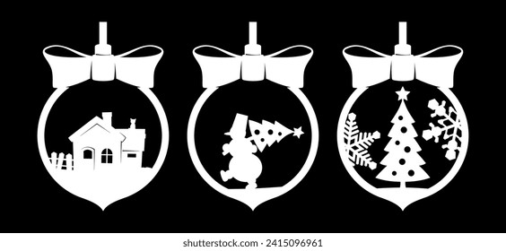 Weihnachtsbaumdekorationen. Stift der Winterbaumdekorationen. Vektorsilhouette von Weihnachten oder Neujahrsdekoration.
Vorlage einzeln auf schwarzem Hintergrund. Stift für Dekorationen. 