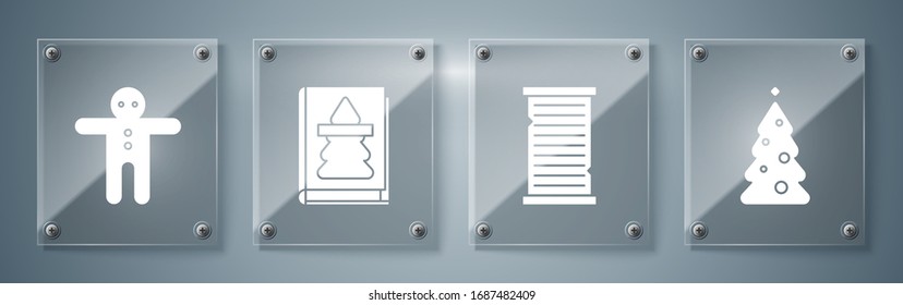 Weihnachtsbaum mit Dekorationen, Weihnachtswunschvorlage, Weihnachtsbuch und Weihnachtskuchen mit Lebkuchengebäck. Viereckige Glasplatten. Vektorillustration