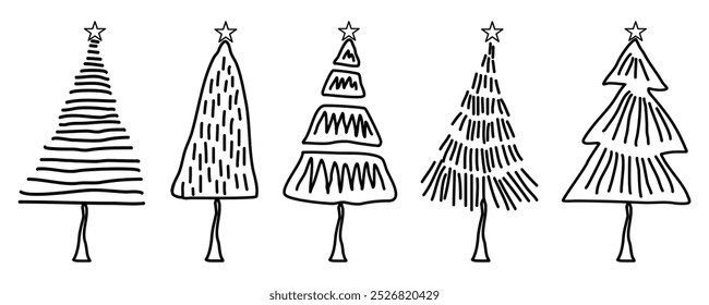 Conjunto de árbol de navidad dibujado a mano. sobre un fondo blanco. para Ilustración vectorial, iconos, regalo, papel, tarjetas de felicitación.