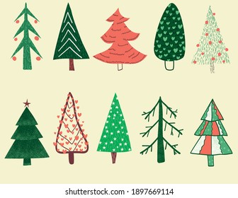 Conjunto de garabatos de árbol de Navidad aislados en fondo blanco. Feliz Navidad, Feliz Año Nuevo con Navidad para naipes, papel de envoltura. Doodles.  Ilustración vectorial.
