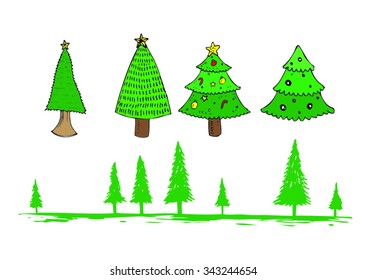 set of Christmas tree in doodle style isolated on white background