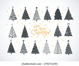 Set of christmas tree doodles on white background.