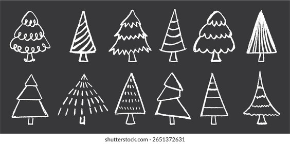 Set of Christmas tree doodles in pastel charcoal style. Hand-drawn by children on black blackboard using white wax and squiggle lines. Vector Xmas elements collection for school, kindergarten designs