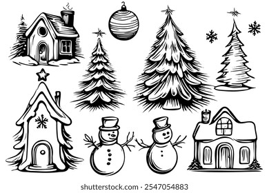 A set of Christmas tree drawings with a house and a snowman. The snowman is holding a carrot and the house has a chimney