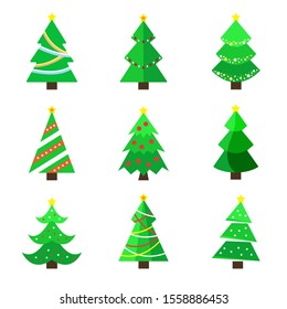 Set of Christmas tree in a flat design. Vector Illustration