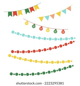 A set of Christmas tree garlands of lanterns and flags. A set of Christmas tree beads. Decoration for the Christmas tree. Vector drawing.