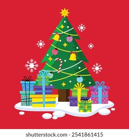 Set of christmas tree and gift boxes flat vector illustration