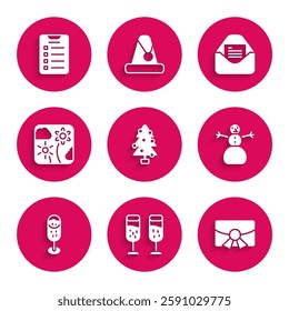 Set Christmas tree, Glass of champagne, postcard, snowman, Firework rocket, party invitation and New year goals list icon. Vector