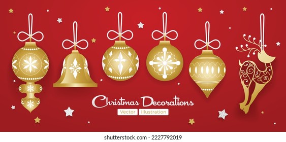 Juego de Decoraciones de Oro de Árbol de Navidad Vector de Ilustración