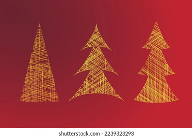 Set Christmas tree.  Golden glowing spruce. Vector.