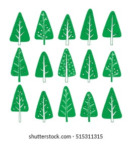 Set christmas tree in hand-drawing illustration, different stile, for postcard, poster, gifts. Decorated Christmas trees hand-drawn