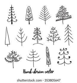 set of christmas tree , hand-drawn vector.