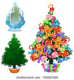 Set of Christmas tree in ice and decorated with sweets and toys isolated on a white background. Sketch of festive poster, party invitation, other holiday card. Vector cartoon close-up illustration.
