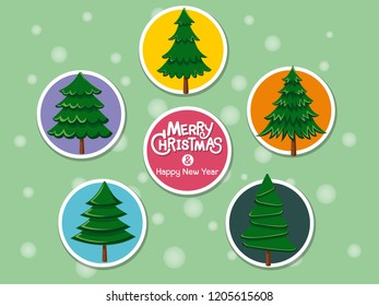 Set Christmas tree icon on color background. Merry Christmas and happy new year. Gift and decorative element on holiday. Vector cartoon Illustration.