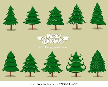 Set Christmas tree icon on color background. Merry Christmas and happy new year. Gift and decorative element on holiday. Vector cartoon Illustration.