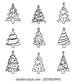 Juego de iconos de árbol de Navidad sobre fondo blanco. Decoraciones navideñas. Vector