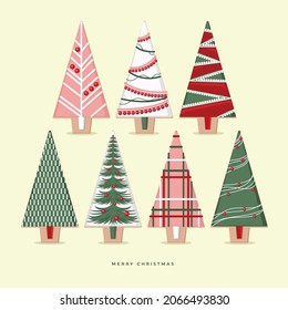 Set Christmas Tree Illustration For Greetings. Vector Element.